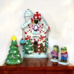 Vintage Village Candy Store Christmas Light Up House Set Tree Children 4 Pieces